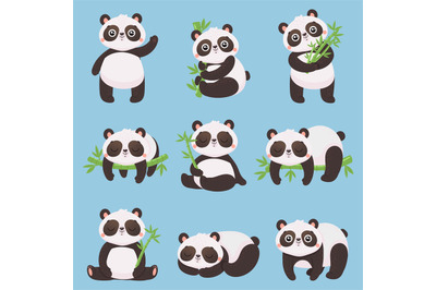 Cartoon panda kids. Little pandas, funny animals with bamboo and cute