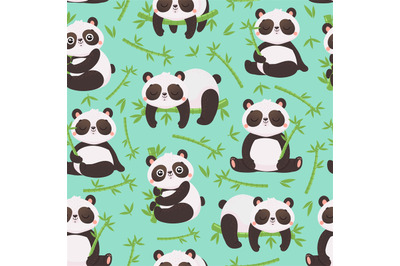 Panda and bamboo seamless pattern. Cute pandas animals, wild bamboo fo