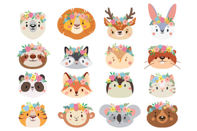 Funny animals in flower wreaths. Happy animal head with flower&2C; fun ca