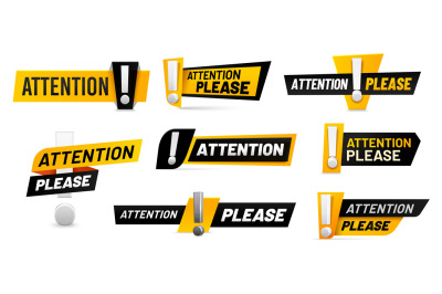 Attention please badges. Important message, warnings frames with excla