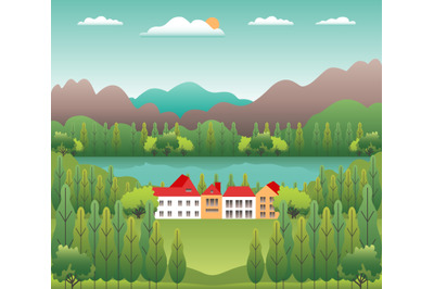 Hills, mountains and farm countryside landscape illustration