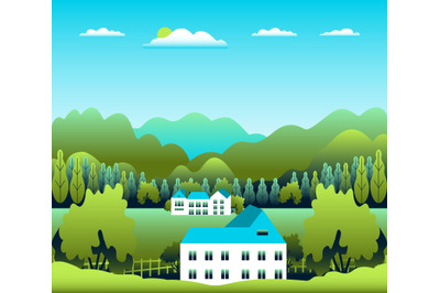 Hills, mountains and farm countryside landscape illustration