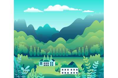 Hills, mountains and farm countryside landscape illustration