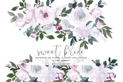 White Pink Watercolor Flowers Clipart Collection