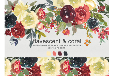 Flavescent &amp; Coral Watercolor Clipart Set