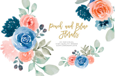 Navy Watercolor floral clip art&2C; peach flower border&2C; wedding graphics