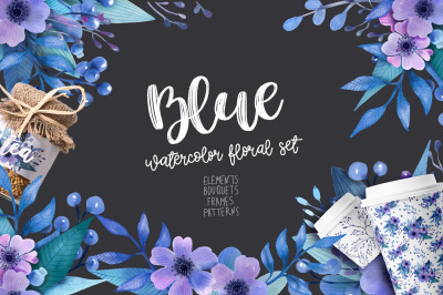 Blue watercolor floral set