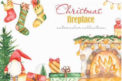 Christmas fireplace watercolor collection clipart