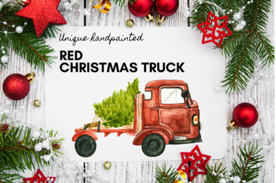 Watercolor Christmas Truck&2C; Red Truck with Christmas Tree