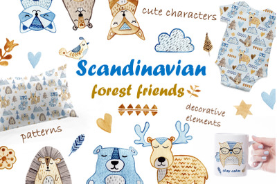 Cute watercolor animals in scandinavian style