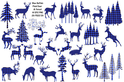Blue Buffalo Plaid Deer and Forest Vector