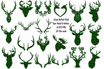 Green Buffalo Plaid Deer and Antlers AI EPS PNG