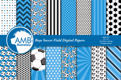 Sports Digital Paper, Blue Soccer Papers and Backgrounds AMB-1971