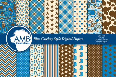 Cowboy digital paper, Cowboys in Blue background, Western AMB-1975
