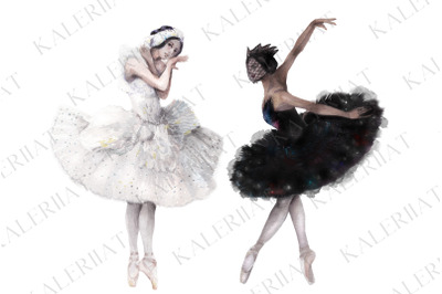 2 watercolor ballet dancers, black and white swans set
