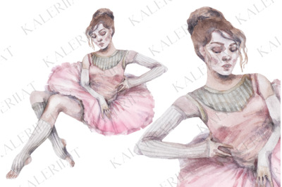 Watercolor hand drawn realistic ballet dancer girl