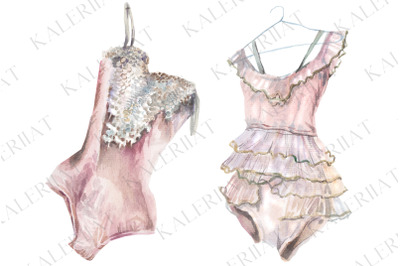 Pink watercolor dance costumes, realistic hand drawn pictures