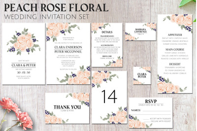 Peach rose floral wedding invitation set