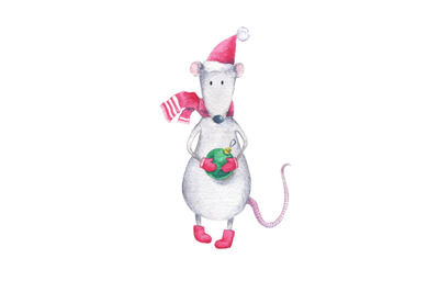 New Year, Christmas mouse with Christmas ball - watercolor illustratio