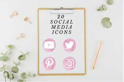 Pink Social Media Icons, Round Watercolor Social Icons