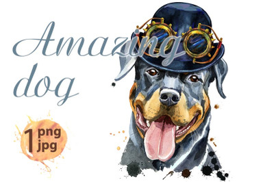 Portrait of rottweiler with hat bowler and steampunk glasse