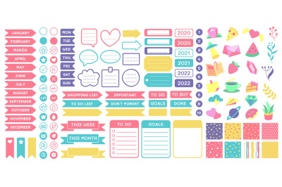 Cute planner stickers. Organizer tags, color patterns and calendar ico