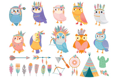 Wild tribal owl. Cartoon owls with tribals feathers&2C; forest birds and