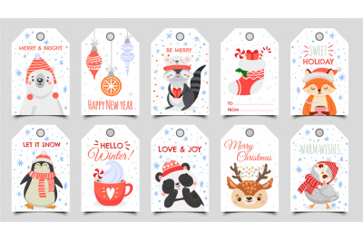 Cute animals christmas tags. Holiday gift tag with winter owl&2C; deer an