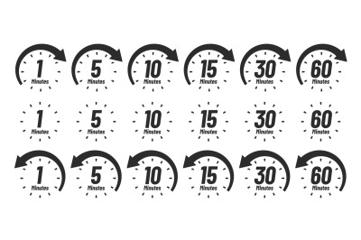 Minutes time icon. Analog clock Icons, 1 5 10 15 30 60 minute clocks a