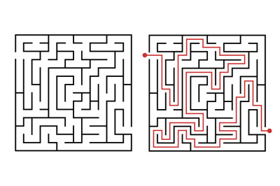 Labyrinth game way. Square maze, simple logic game with labyrinths way