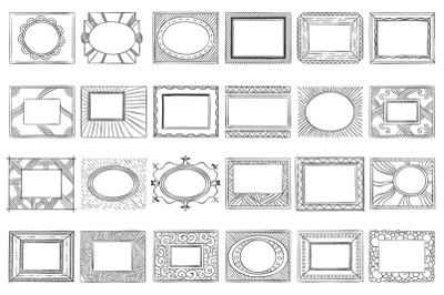 Hand drawn picture frames. Sketch frame, doodle style photo and art mi