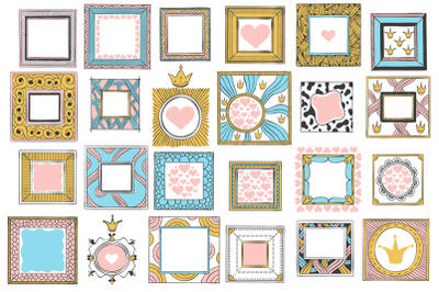 Hand drawn cute princess frames. Vintage color sketch frame, pink mirr