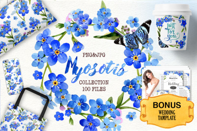 Myosotis flowers blue &nbsp;PNG watercolor set