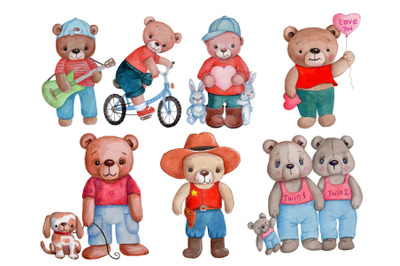 Set of Watercolor Cartoon Teddy Bears
