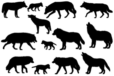 Silhouettes of wolves and wolf-cubs