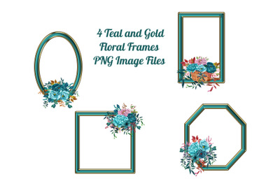 4 Geometric Teal and Gold Floral Frames Transparent PNG Files,