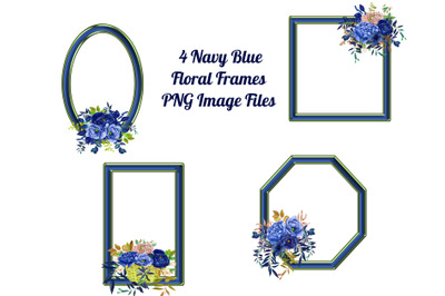 4 Geometric Navy Floral Frames Transparent PNG Files