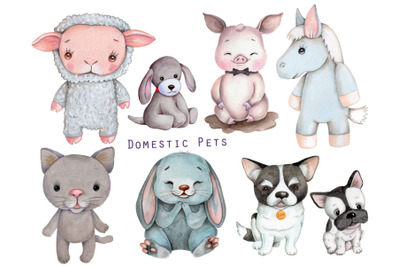 Watercolor domestic animals for kids