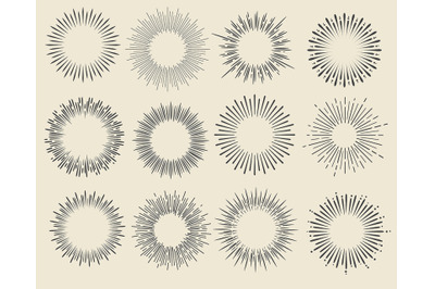 Hand Drawn Vintage Sunburst Set. Vector illustration.