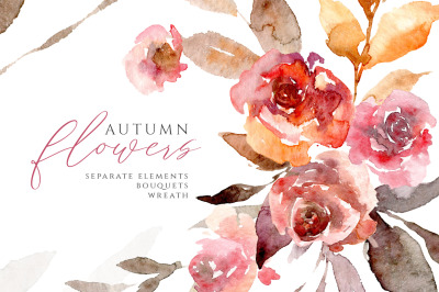Watercolor Autumn Flowers Roses Leaves PNG