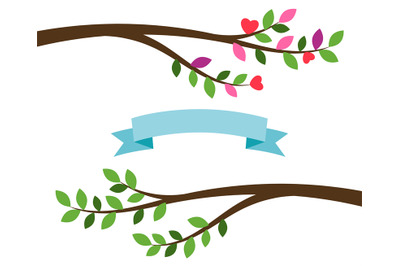 Cartoon tree branches and blue ribbon