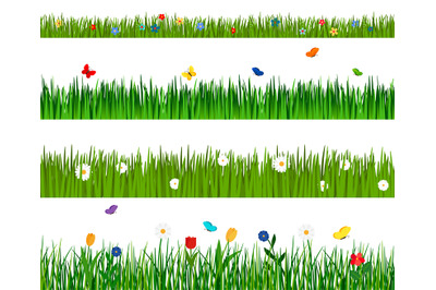 Grass and flowers horizontal seamless pattern