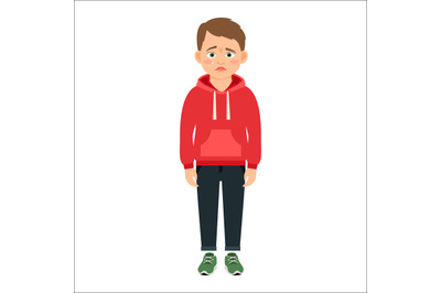 Disappointed little boy in red hoodie