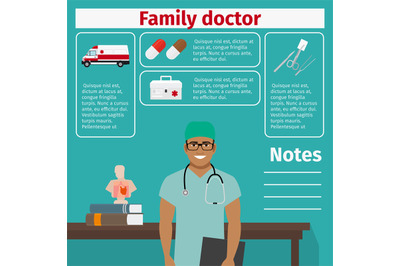 Family doctor and medical equipment icons