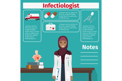 Female infectiologist and medical equipment icons