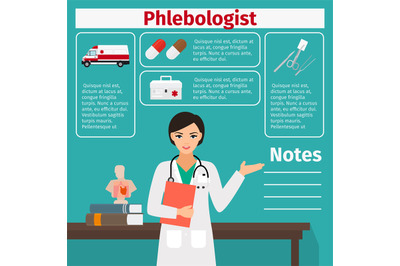 Female phlebologist and medical equipment icons