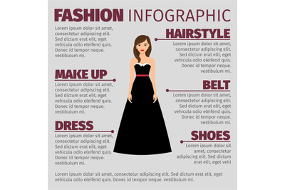 Fashion infographic with brunette in dress