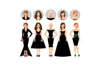 Young woman in different black dresses