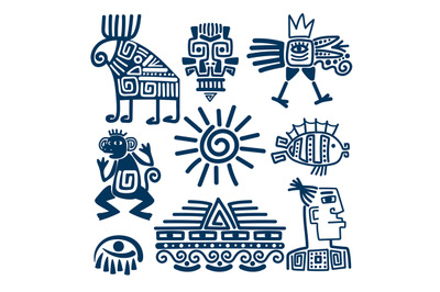 Maya or inca blue totem icons