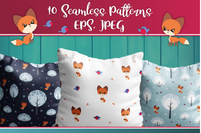 Cute fox. Seamless patterns